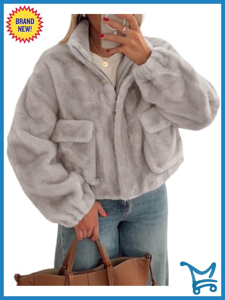 Cropped Faux Fur Coat Stand Collar Zip Up Jacket Winter Outerwear